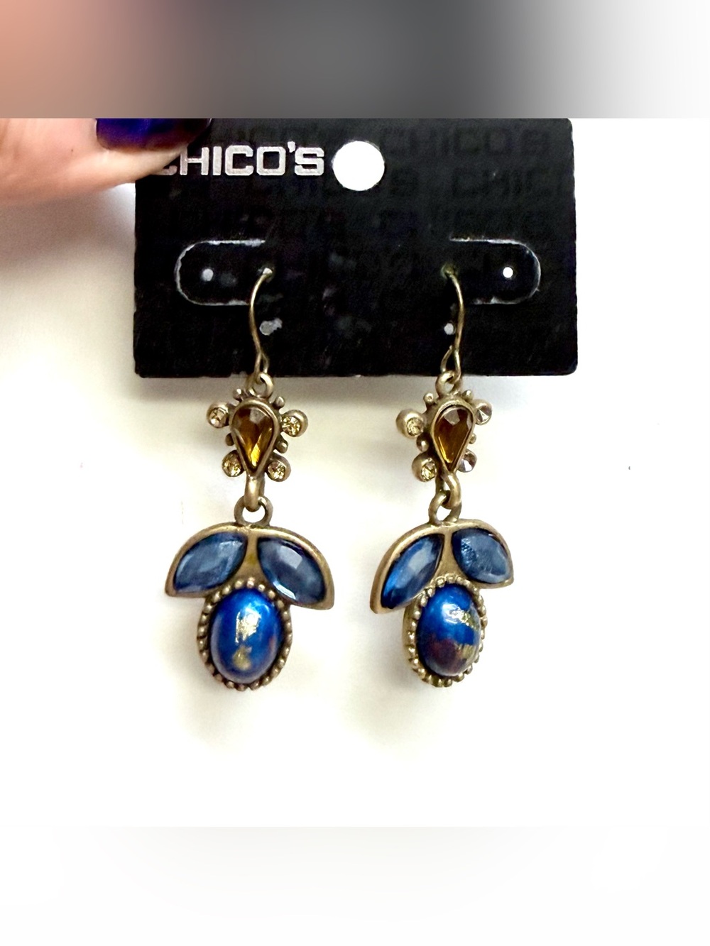 Chico's NWT Cobalt Blue Gold Fleck Drop Earrings Amber Rhinestone Brass Boho